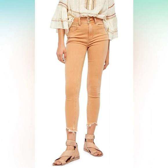 Free People Womens Wild Child Frayed Skinny Jeans Camel Size 24 - Picture 4 of 16